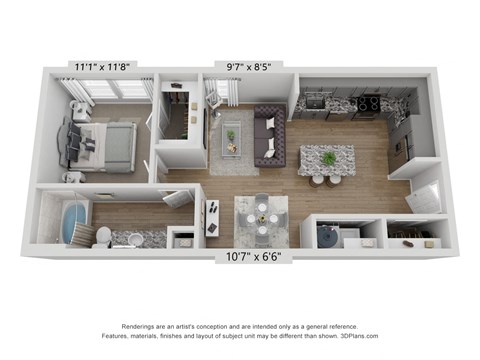 Floor plan for 1 bed, 1 bath, 690 sqft